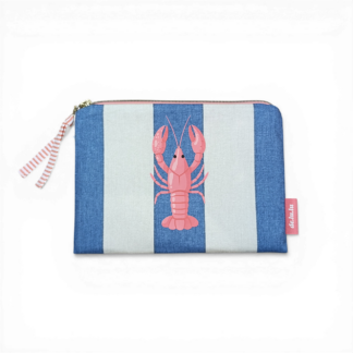 an-image-of-a-blue-and-cream-striped-pouch-with-a-shrimp-coloured-lobster-decal-on-the-front